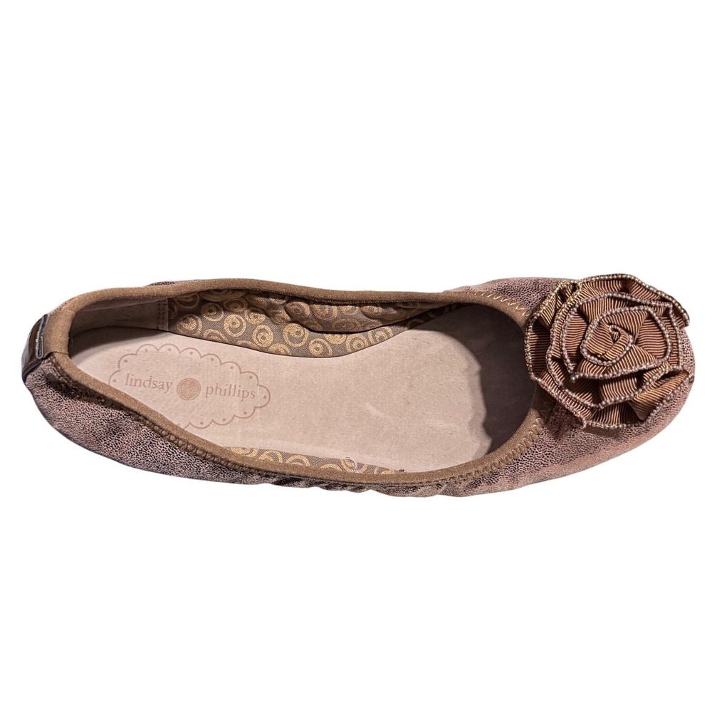 Lindsay Phillips Liz Ballet Flats Metallic Bronze Leather Rose Embellishment 6.5 - Picture 14 of 16